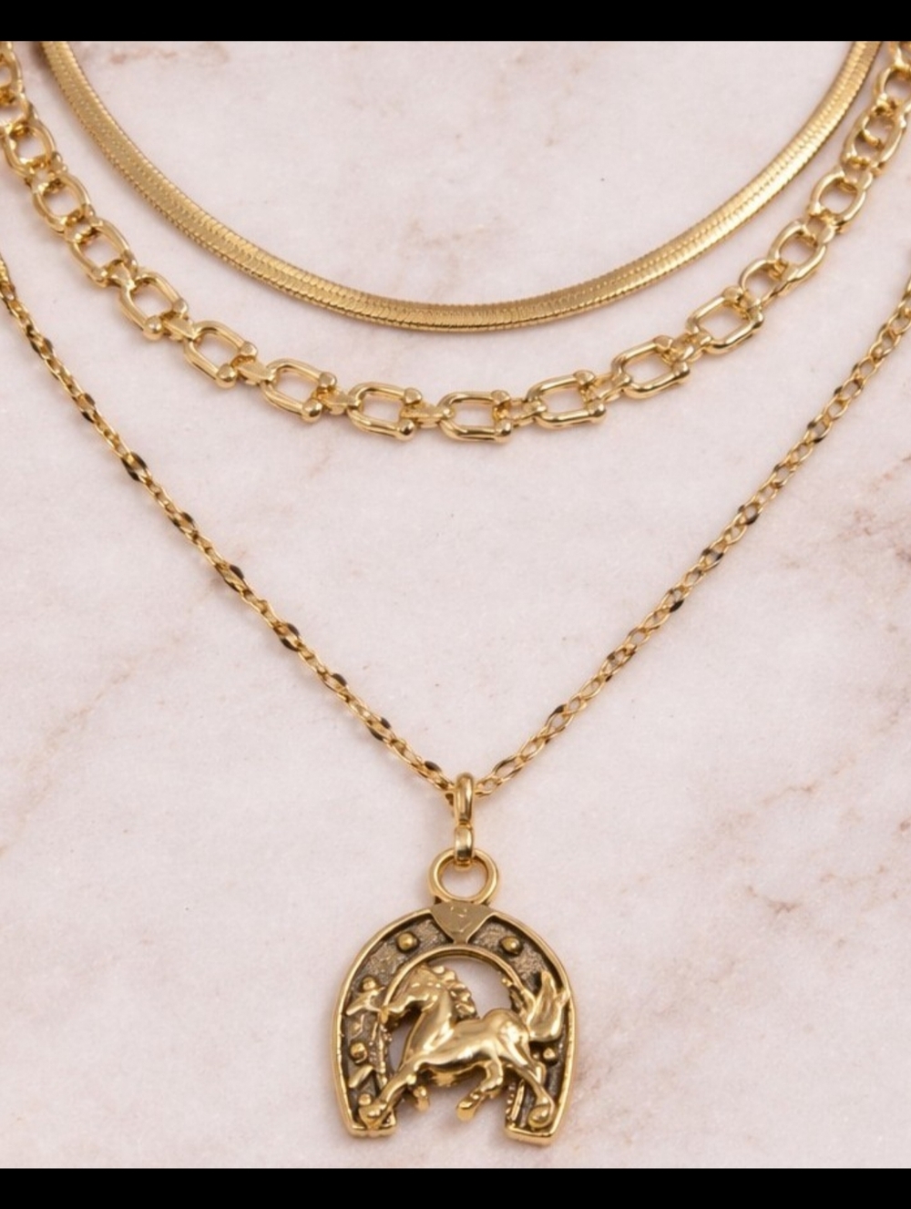 Coastal Cowgirl Layered Necklace Stack Horseshoe Horse Pendant 18KGP Gold Plated